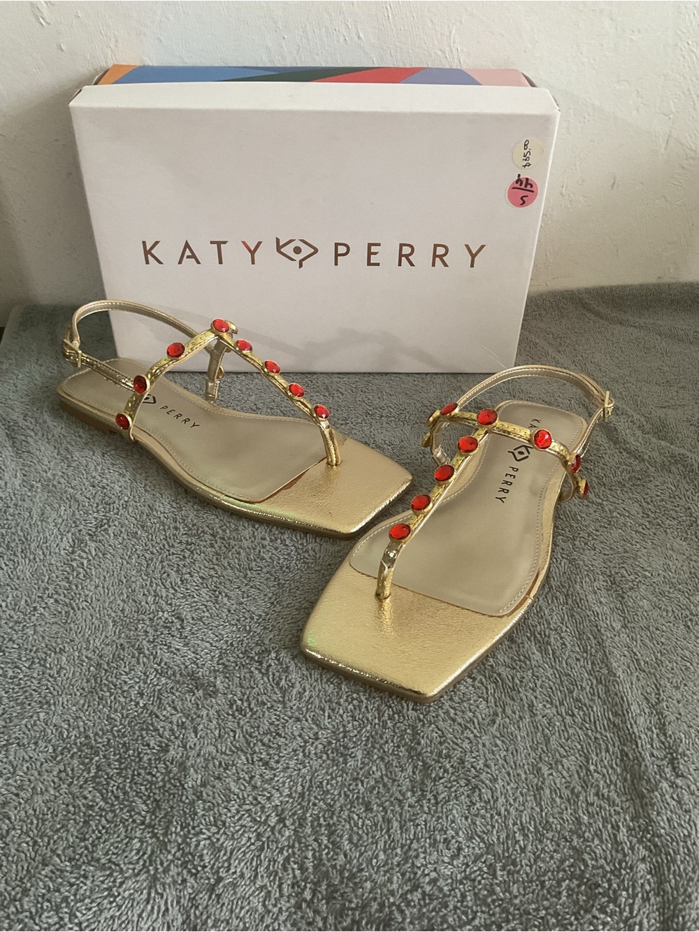 Katy Perry Collections Gold Sandals with Red Gem Details